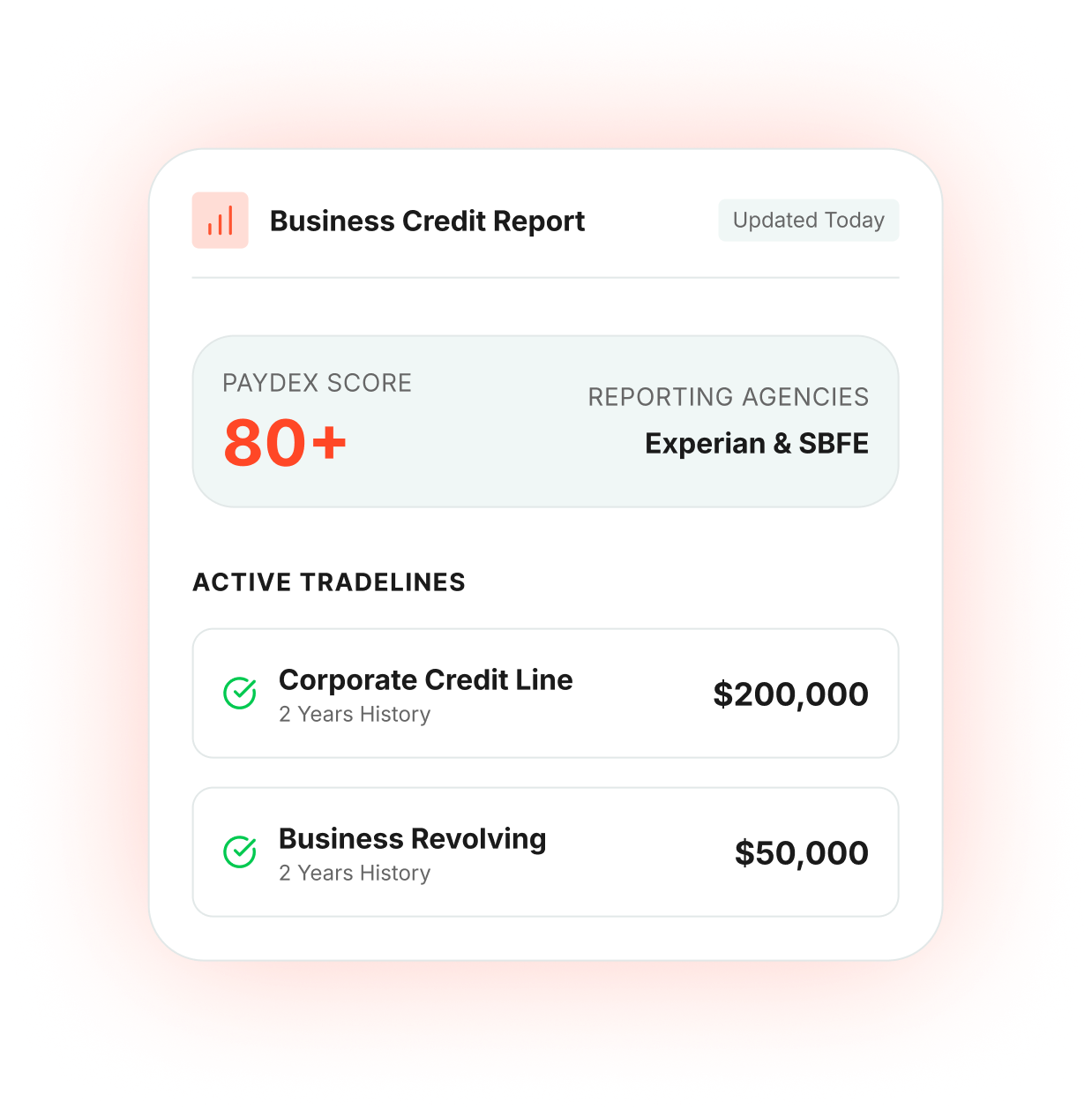 Business Credit Report dashboard showing PAYDEX score 80+, reporting agencies, and active tradelines